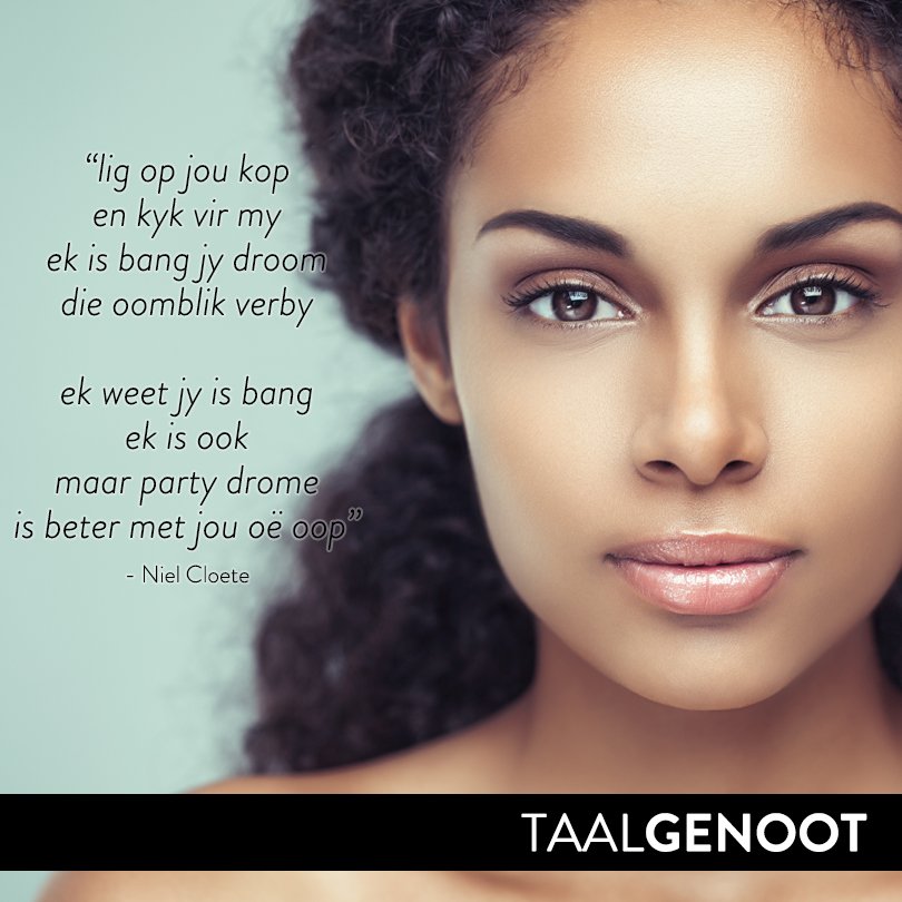 “lig op jou kop
en kyk vir my
ek is bang jy droom
die oomblik verby

ek weet jy is bang
ek is ook
maar party drome
is beter met jou oë oop”
- Niel Cloete
#Afrikaans #gedig #digkuns #digter
<a href="/liefdewen/">Liefde Wen</a>