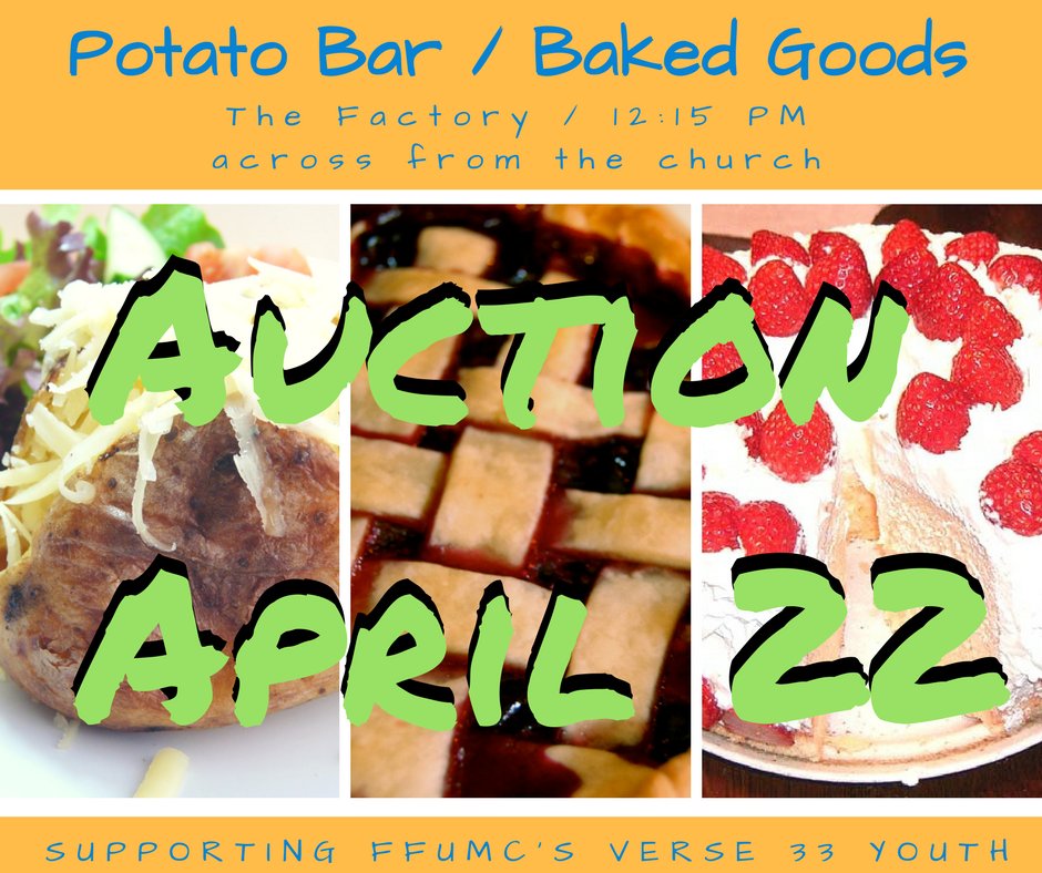 CommunityCoF's tweet photo. Support our youth who are going to summer camp. Have lunch at The Factory on Sunday, April 22, after the 2nd service (12:15 PM). Delicious potato bar and baked goods auction. https://t.co/s0q5BeVF7R