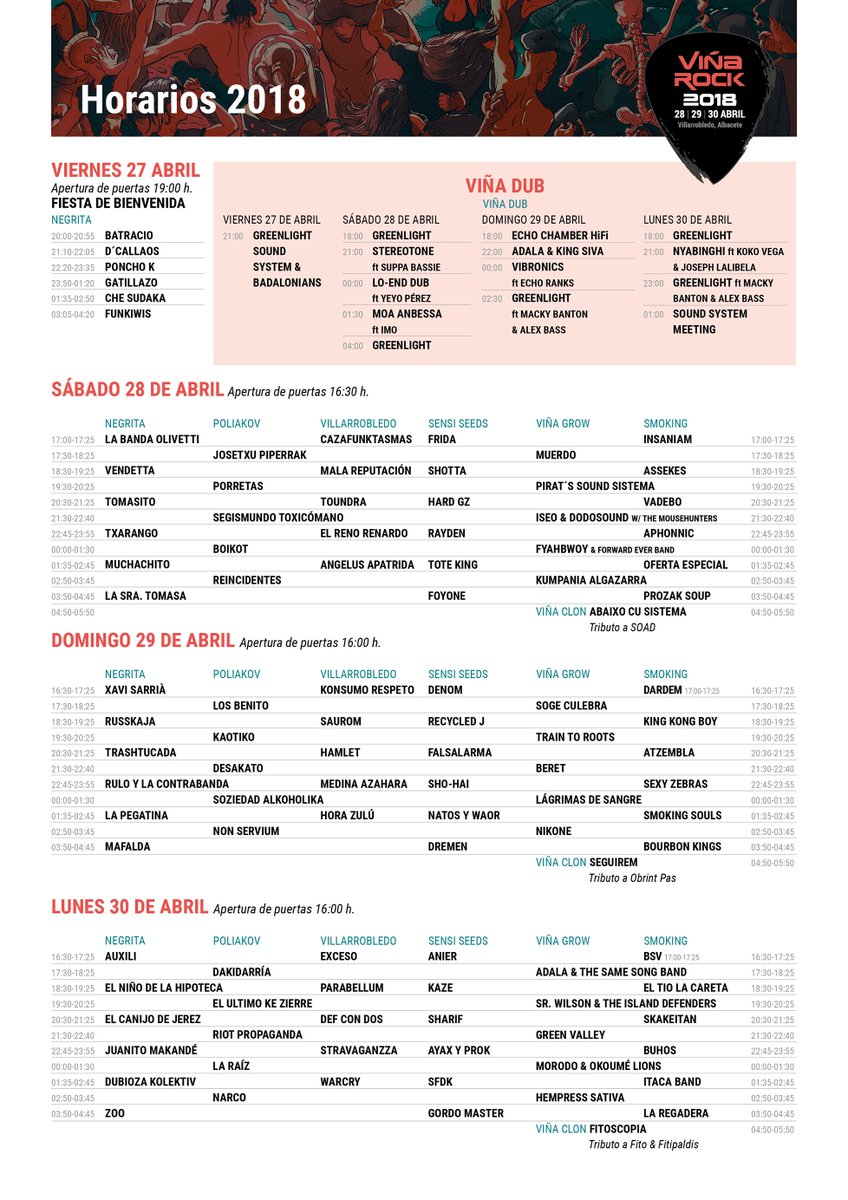 VinaRockOficial's tweet image. Ya tenemos aquí los horarios de los conciertos que veremos en esta edición de #ViñaRock. Solo 11 días para volver a vernos 🤘

Abonos en vina-rock.com/entradas