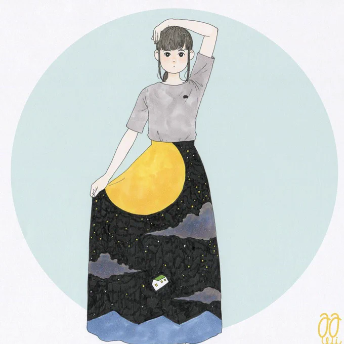 イラスト : 夜に浮かぶ家スカート。 