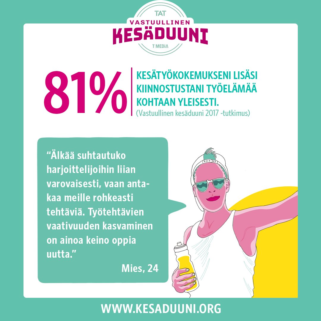 kesaduuni's tweet photo. Anna vastuuta rohkeasti myös kesätyöntekijöille! Uusia kokemuksia arvostetaan ja ne auttavat kehittymään uralla! :) 
Ilmoittaudu vastuulliseksi kesätyönantajaksi: https://t.co/vrBIqH7UIa
#vkd18 #työelämä #rekry https://t.co/H95OXMzhED