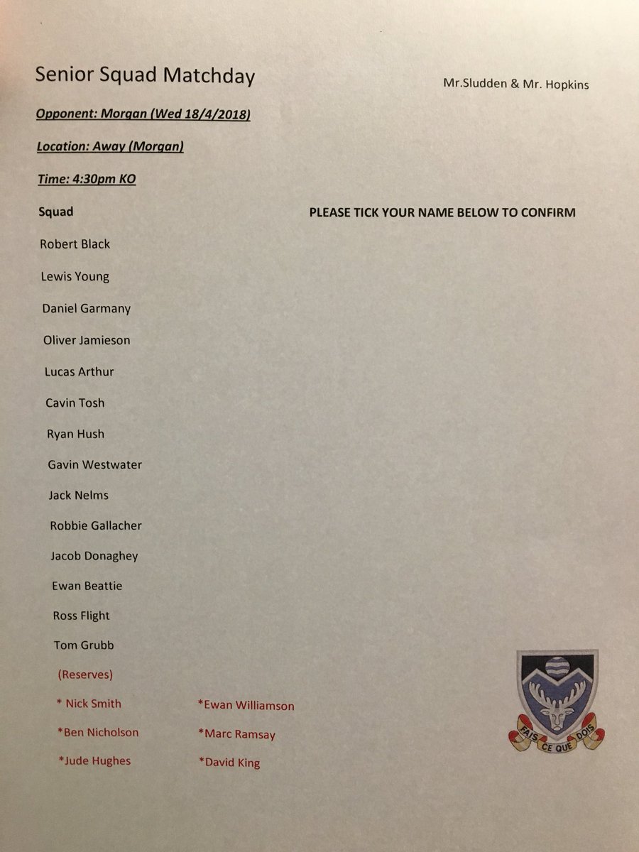 Please see Senior Football Squad for Wednesday’s match against @morganacademy1 ⚽️ @MonifiethHigh #seniorfootball