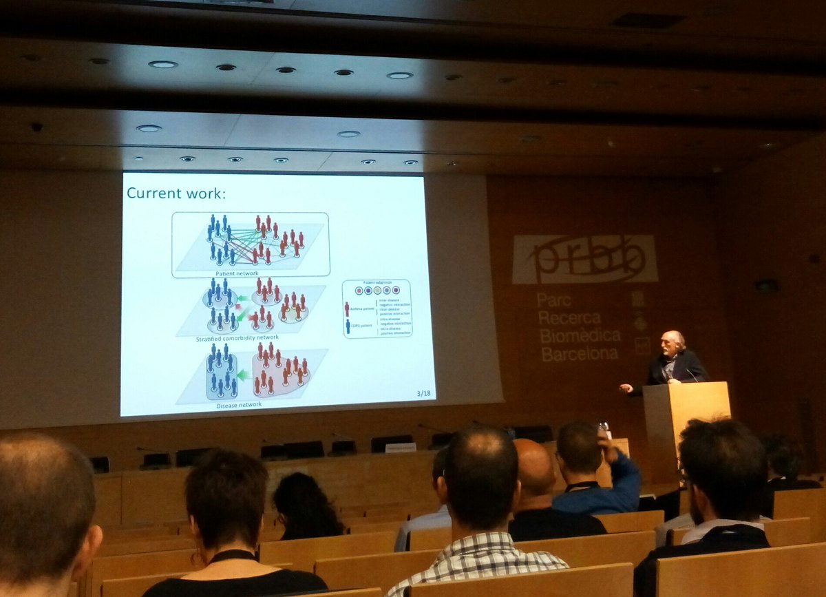 Genomapp's tweet photo. Alfonso Valencia explains in detail this large comorbidity network with positive and negative interactions. #TrBioinf18 #ECTB2018 @BSC_CNS https://t.co/PXpr5aeLWq