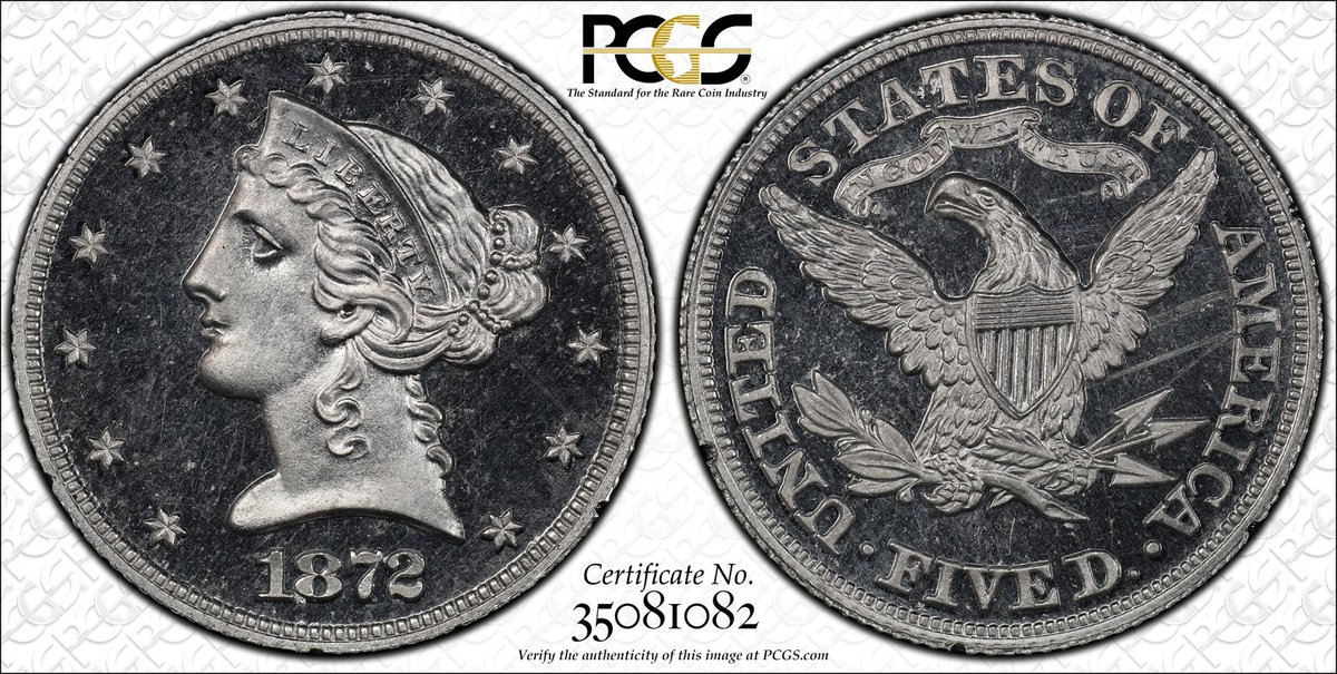PCGScoin's tweet photo. #PCGS #COTD: 1872 $5 Pattern, Judd-1244, Aluminum, PCGS PR66CAM. PCGS population of two coins total, two in Proof 66 Cameo with no coins graded finer. https://t.co/Jzrc13Nn2p #coin #coins #patterncoin  #cameo #aluminum #judd #1872 #history #historynerd #beautiful #art #liberty https://t.co/Q2Rq3Q2S5V