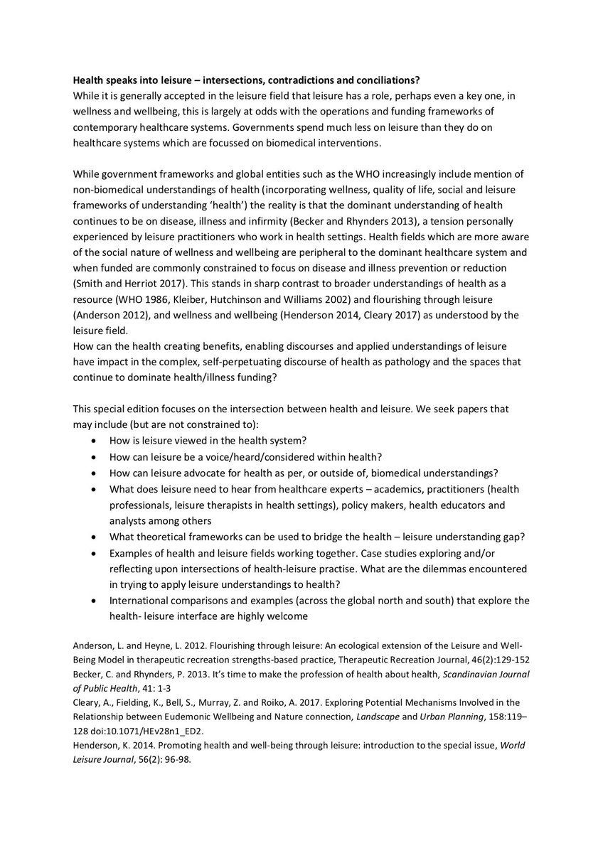 lsj_official's tweet photo. .@AnnalsLeisRes call for papers on special themed issue regarding the interaction between heath and leisure. Abstracts due 6.7.18 to @JanetteYoung14 - please see pictures below for further information and details of submission. #CFP https://t.co/5TPW56x13j