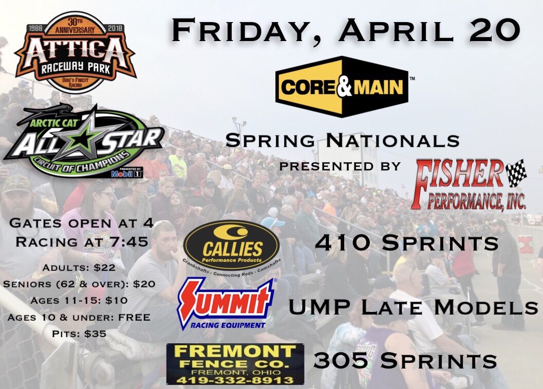 atticaracewyprk's tweet photo. Anyone interested in a FREE PIT PASS to the Core &amp; Main Spring Nationals presented by Fisher Performance featuring the Arctic Cat All Star Sprints, UMP Late Models &amp; 305 Sprints?

RT, ❤️ &amp; give us a follow for a chance to win! We will draw a winner Wednesday evening! Good luck! https://t.co/FS0cTJSecV