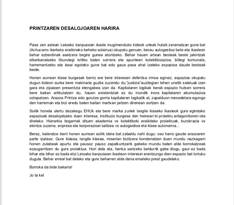 PrintzaLeioa's tweet photo. Larunbat goizeko desalojoaren harira ikasle mugimenduko kideok ateratako irakurketa. ADI MOBILIZAZIOEI!
#Borrokadabidebakarra #JTK https://t.co/4aoPk4lZgX