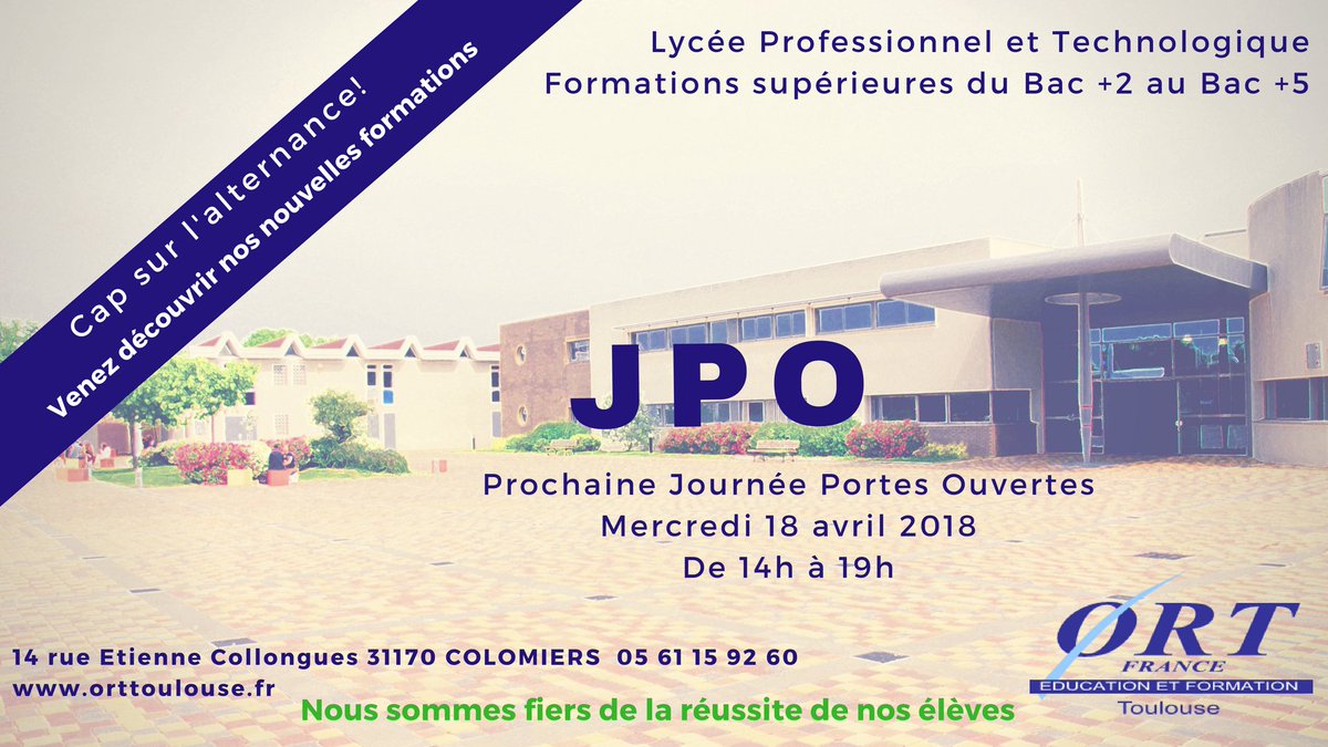 Lycée professionnel et technologique, formations supérieures du BTS au mastère #ORTToulouse Prochaine Journée Portes Ouvertes #JPO 18 avril de 14h à 19h. Toutes les infos et dossier d'inscription à télécharger sur le site orttoulouse.fr