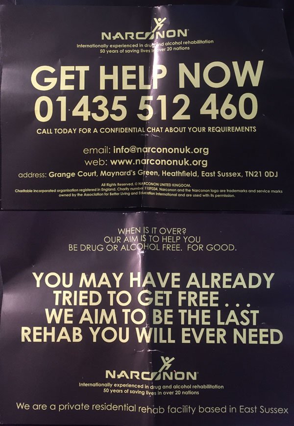 FelisUncia's tweet photo. If you live in #EastGrinstead and received one of these leaflets last week, know that Narconon is a front for Scientology and it is dangerous pseudoscience. More here: https://t.co/W9xNWmLSg9 https://t.co/DPksi2MZgs