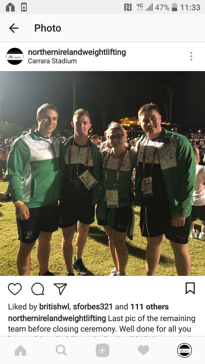 niweightlifting's tweet photo. Last pic of the remaining team before closing ceremony. Well done for all you have achieved while out in Oz @GC2018 @GoTeamNI #gc2018closingceremony @cammontgomery @sforbes3 @RebekahThompson @karlmclean @emma_mcquaid 

@nigelringland @ANBoroughMayor @ANBorough @belfastcc https://t.co/Jja7NIbO0v