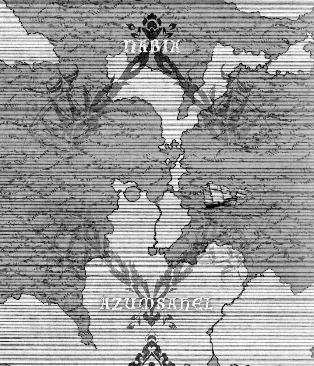 聖血の海獣の世界の地図のようなもの。上の小さな土地が水の国ナビア帝国。(主人公たちの所属する国だよっ)下の大きな土地が砂の国アズムサヘルです。ねたばれになりそうなところはそっとモザイクにしておきました。こんなところで生きております。 