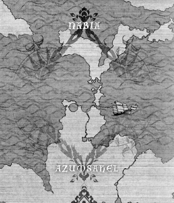 聖血の海獣の世界の地図のようなもの。上の小さな土地が水の国ナビア帝国。(主人公たちの所属する国だよっ)下の大きな土地が砂の国アズムサヘルです。ねたばれになりそうなところはそっとモザイクにしておきました。こんなところで生きております。 