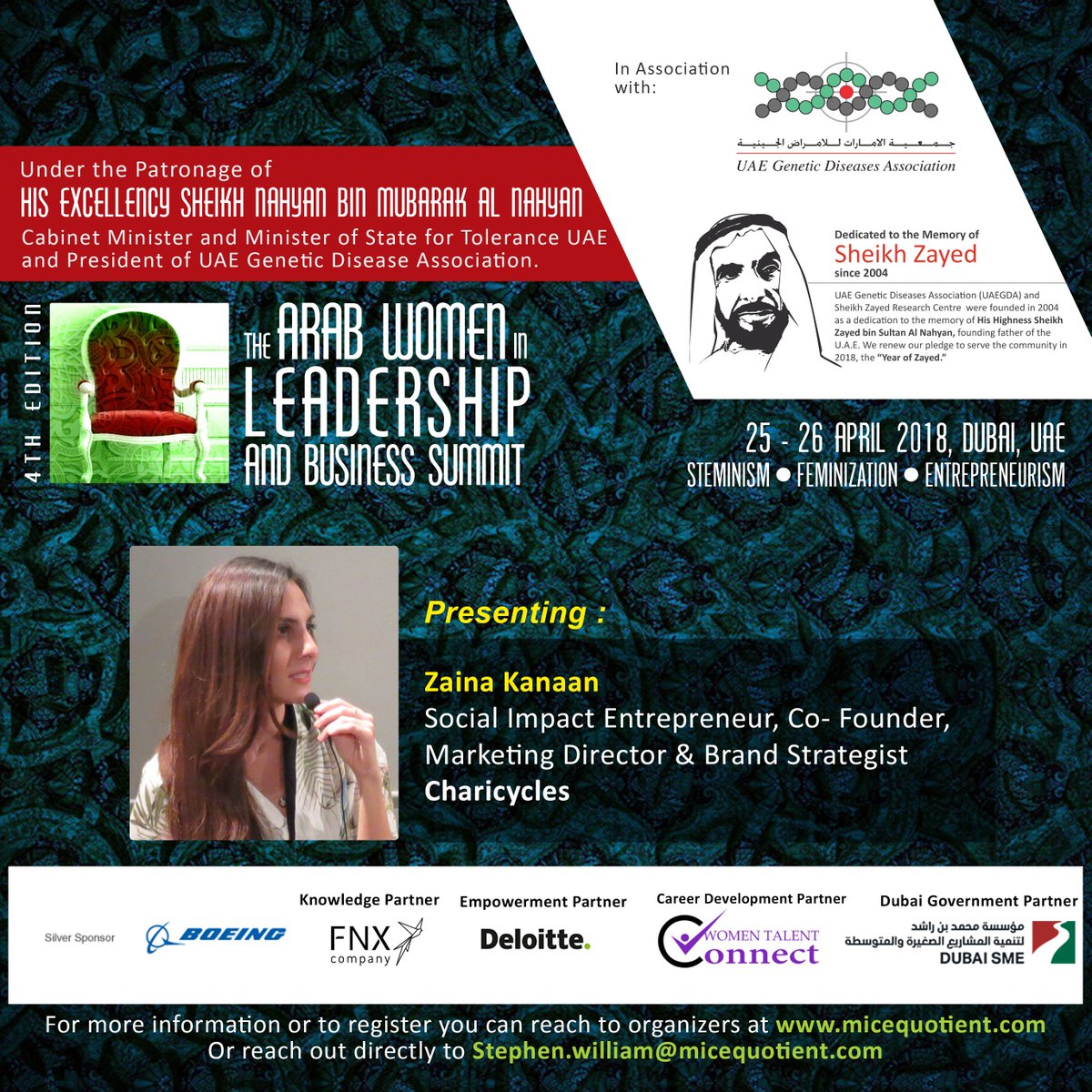 MICEQuotient's tweet photo. You cannot find a better platform than the #4thEdition of The #ArabWomen in #Leadership and #Business Summit on 25-26 April 2018, at #DusitThaniDubai #Dubai, #UAE to meet extraordinary #entrepreneur Ms. @ZainaKanaan
REGISTER Now
https://t.co/6JpKCLYttT
#AWILB
#AWILB2018 https://t.co/91Bjaef3qd