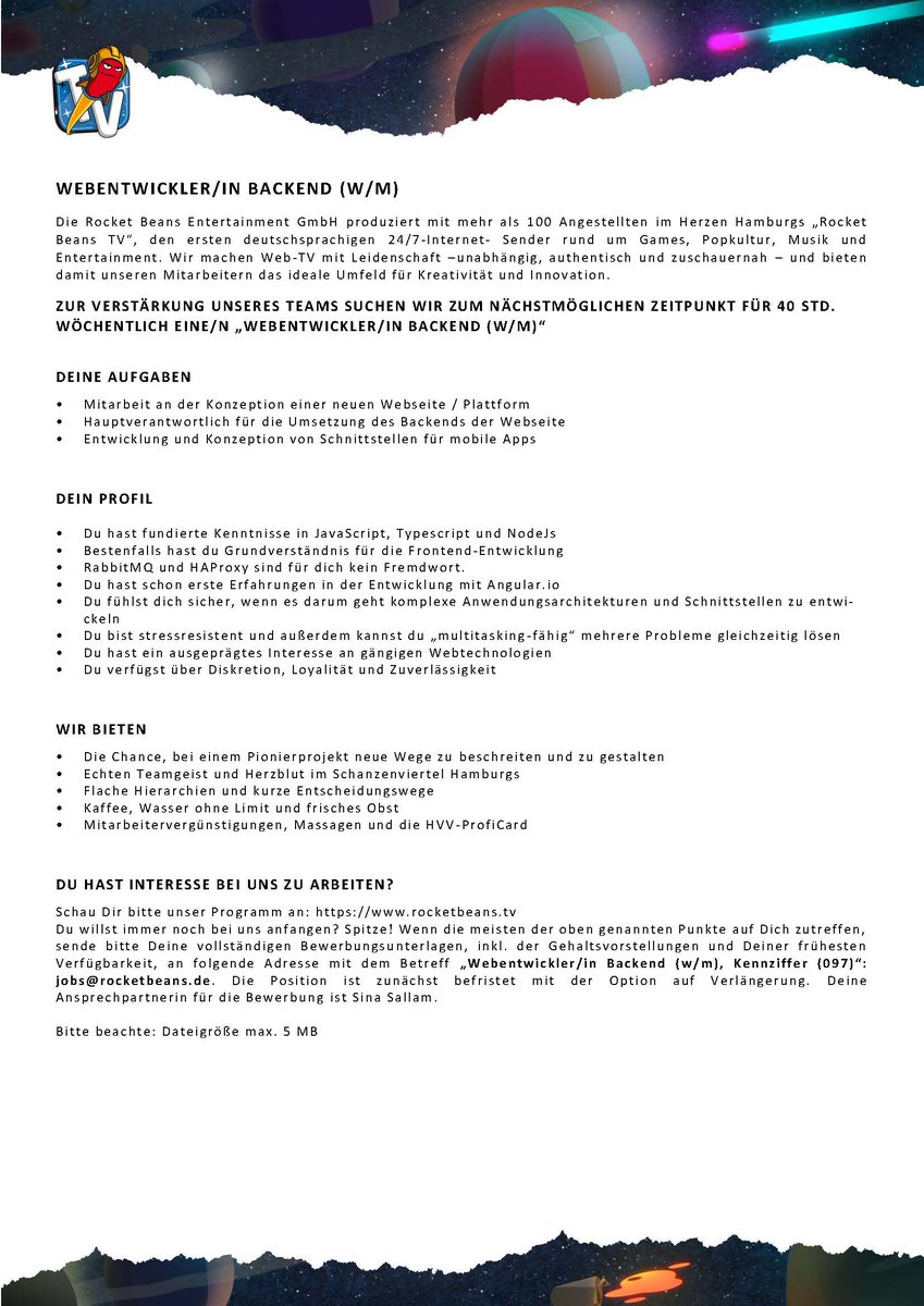 Ihr habt schon mal einen Computer gesehen? Ihr kennt euch aus in diesem neuen Internetz? Dann kommt zu uns als Webentwickler/in Backend und gemeinsam "surfen" wir in die Zukunft!!!
#rbtv #jobs #webentwickler