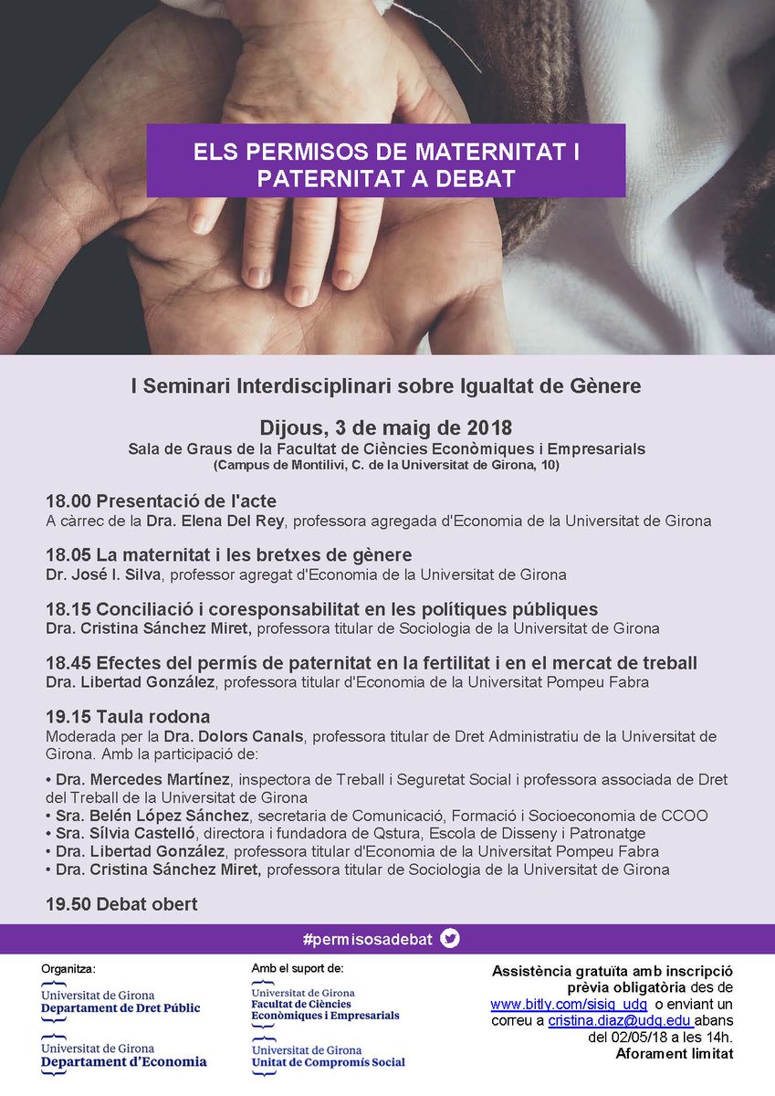 LolaDca's tweet photo. I Seminari Interdisciplinari sobre Igualtat de Gènere @Udgfdret @UdGRecerca @GRAE_UdG 
@Anacobe_UdG @UdGCompromis 
Dijous 3 de maig: 18h Facultat Ciències Econòmiques
Inscripcions:  https://t.co/IP6YGBu9Ap https://t.co/DuKuSbU2TH