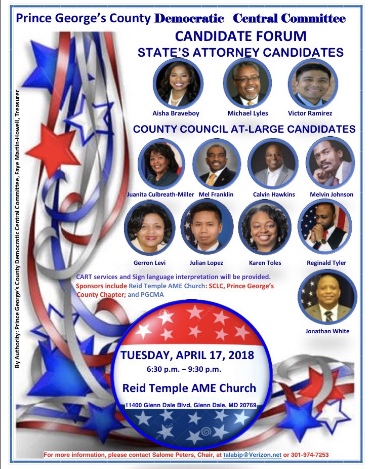 Please come out and support Mike Lyles at the PGCDCC Candidate Forum for State’s Attorney at Reid Temple AME Church in Glenn Dale, MD on Tuesday, April 17, 2018 from 6:30p.m - 9:30pm.  See the flyer for more info!