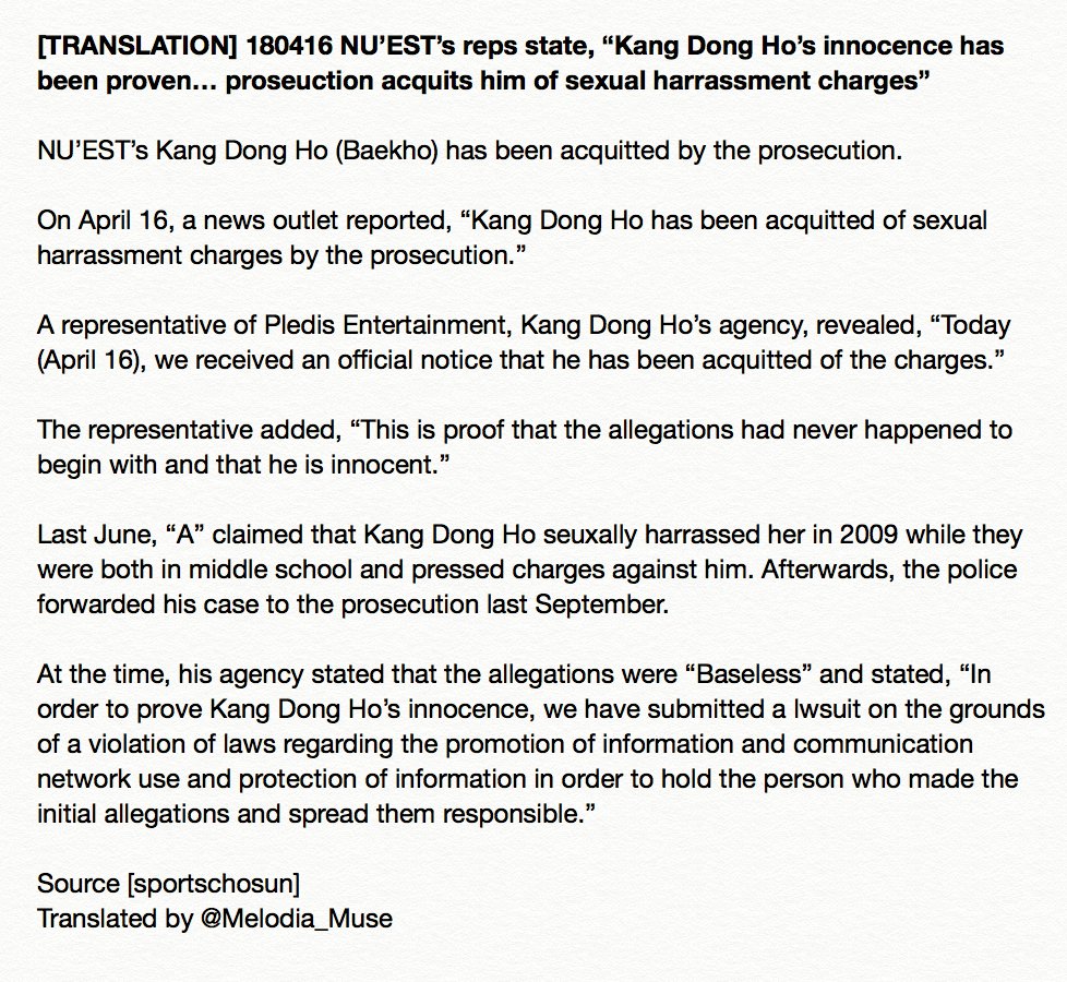Melodia_Muse's tweet photo. [TRANSLATION] 180416 NU’EST’s reps state, “Kang Dong Ho’s innocence has been proven… proseuction acquits him of sexual harrassment charges”

#뉴이스트W #NUEST_W #백호 #Baekho

Source link → https://t.co/TTpvW2ZcL8 https://t.co/QiUKEClhhq