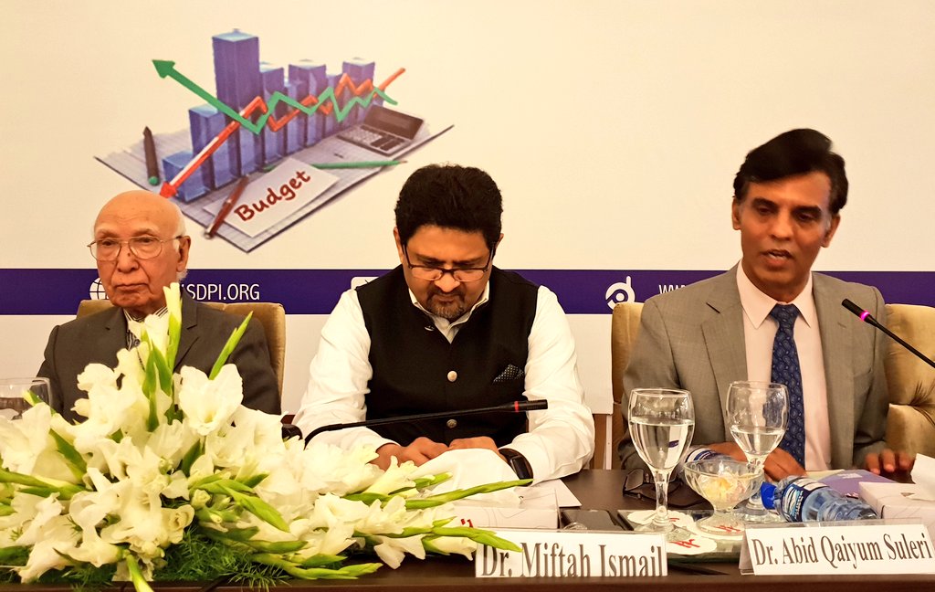 SDPIPakistan's tweet photo. Mr @MiftahIsmail and Sartaj Aziz joined us at #PreBudget2018 to look upon policy recommendations based on SDPI's research study https://t.co/sucfjJMovQ