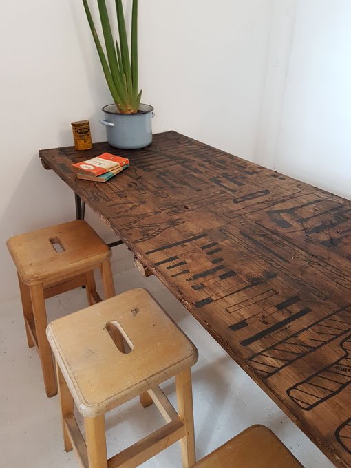mywarehousehome's tweet image. Add interest to a workspace or dining room with this unique folding trestle table from @lovelitterHQ. The tool drawing details add an industrial element to the table surface. #trestletable #vintagestyle