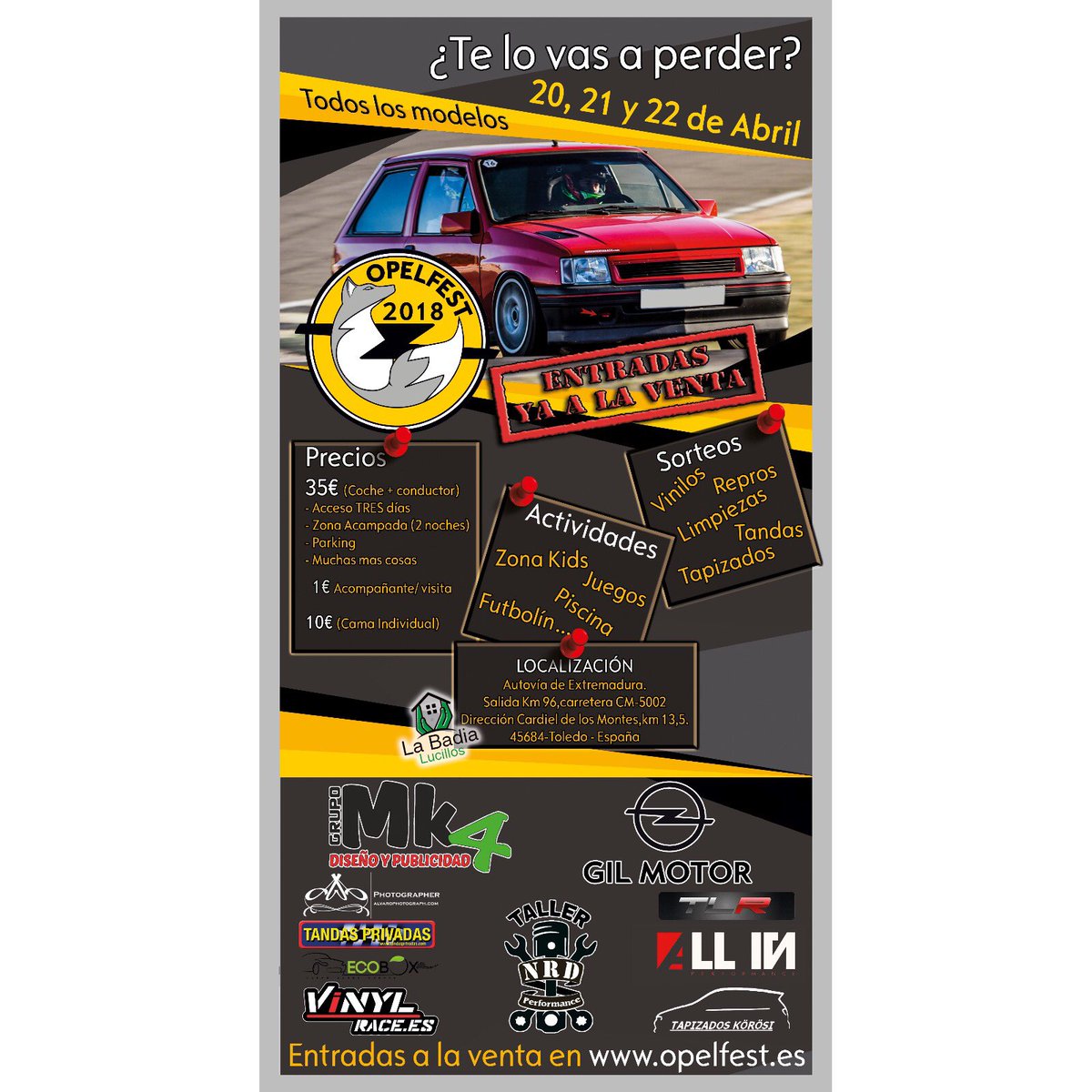 OpelFest's tweet photo. Ya no queda nada!! SOLO 4 DÍAS! 💪💪
~
Este Viernes 20 a las 3:00h de la madrugada se cerrará la venta Online.
~
No esperes más!
Si aún no tienes tu entrada la puedes adquirir aquí: https://t.co/PRl6xRSLfG
~
#opelfest #opelfest2018 #opelfest2k18 https://t.co/Eq64nUpUnS