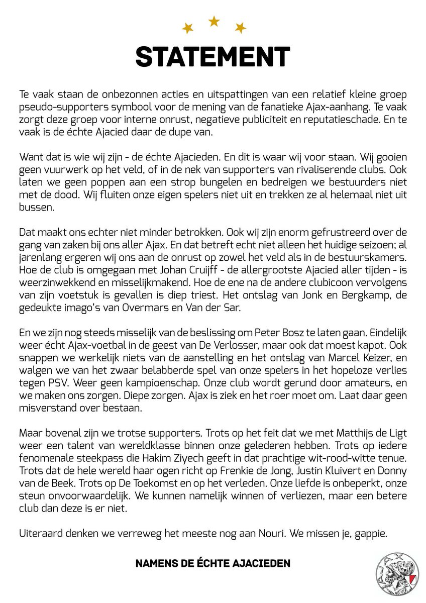 signoresuave's tweet photo. Voor één keer werp ik mij op als spokesperson van de échte Ajacieden. Geen hooliganism maar clubliefde. Onderteken dit statement met een like of RT en geef een duidelijk signaal af aan spelers en beleidsbepalers. https://t.co/fXGPALXjsy