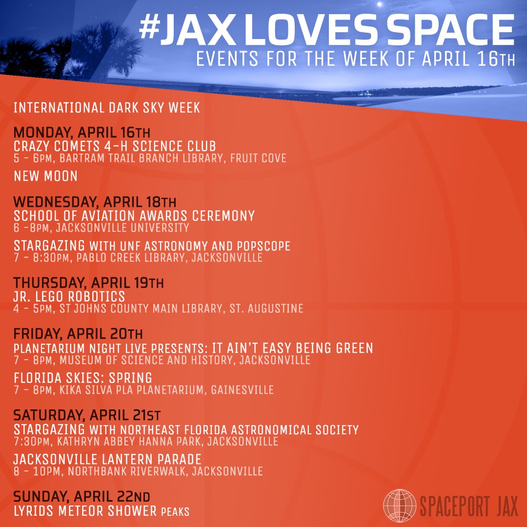 We've got plenty of stargazing activities this week - just in time for International Dark Sky Week! Don't forget to tag your photos and videos with #JAXLovesSpace. 
#iloveJAX #IDSW2018