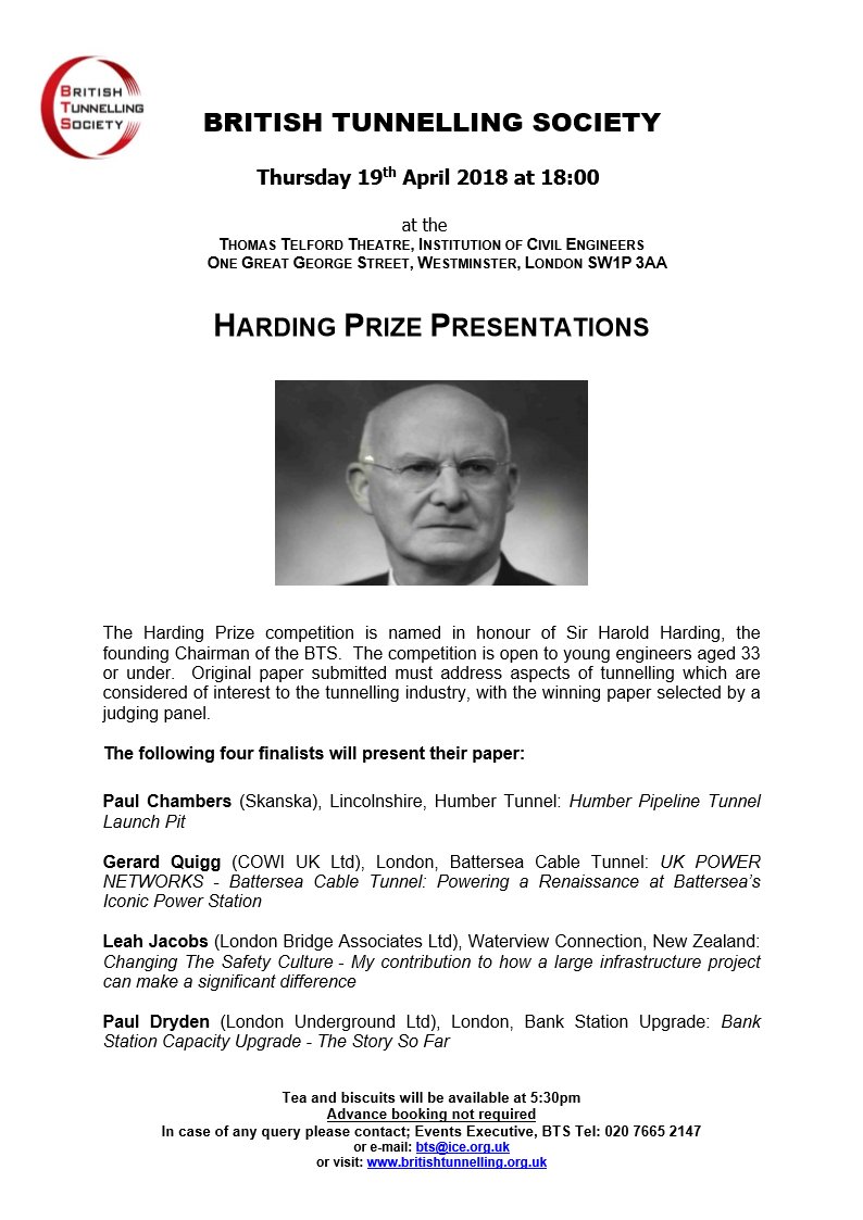 On Thursday 19th April, the annual Harding Prize competition will take place at 6 pm at the ICE! Our four finalists are feverishly preparing their talks on a great selection of tunnelling projects! Who will manage to impress the judging panel? <a href="/BTS_Tunnelling/">BTS</a> <a href="/ICE_engineers/">ICE</a>