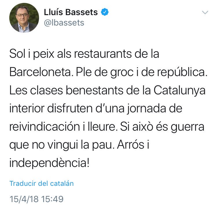 Què vols dir amb això, @lbassets? Que els independentistes no tenen dret a menjar arròs i a passejar a la Barceloneta? Que només els annexionistes teniu dret a anar al restaurant? No creus que aquest comentari és una mica classista i indigne d'un ex-periodista seriós com tu?