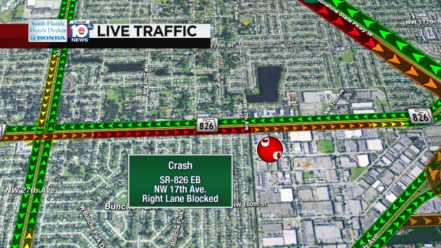 CRASH: SR-826 EB & NW 17th Ave. A right lane is blocked; delays are building. #TRAFFIC #MIAMI https://t.co/SZfYzWE9Nk