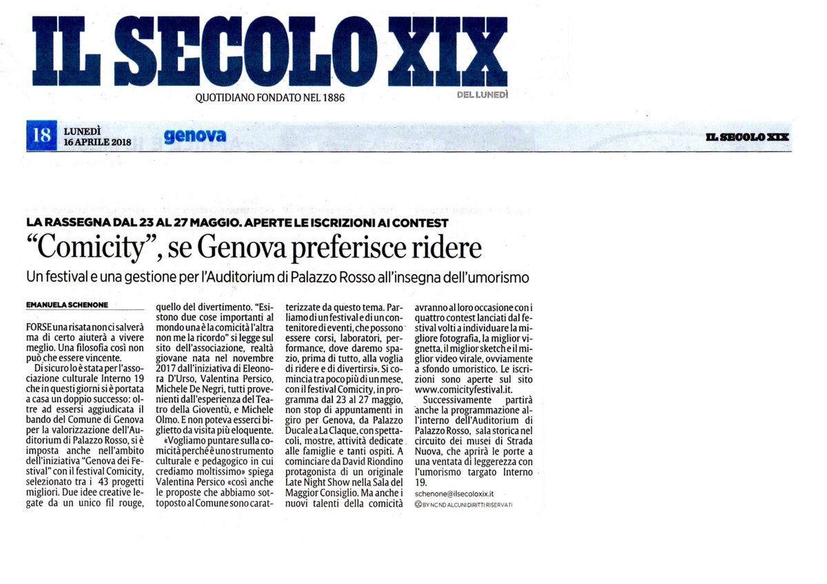 ComicityFest's tweet photo. Oggi ci trovate su @ilsecoloxix: si parla di umorismo, comicità, e di come ridere possa migliorare la vita. Noi ci crediamo davvero, e ve lo dimostreremo 😁😉
Grazie a Emanuela Schenone per l'articolo!
#staytuned #genova #comicity #stiamoarrivando #16aprile https://t.co/36g29DLTMe