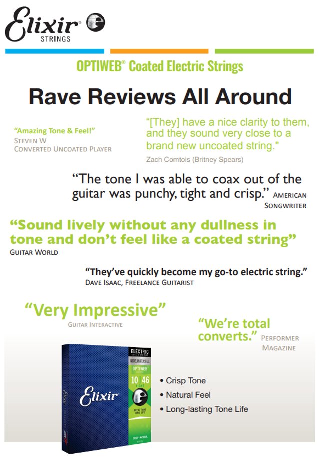 KeynoteMusicIE's tweet image. Rave reviews all around for OPTIWEB® Coated #ElectricStrings. Check out all of our #NANOWEB and #OPTIWEB Electric @ElixirStrings in stock here: bit.ly/2EQPZxo #KeynoteMusicSales #ElectricGuitarStrings #IrishDistributors