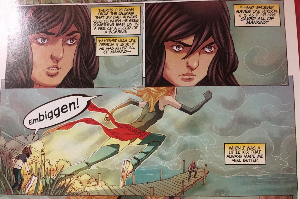 _chrishaynes's tweet photo. Here's your first item for close reading in our Ms. Marvel unit. What do these panels have to teach us about the ethics of superheroism, and the limits of courage? #engl3246 https://t.co/8aReUnP0wQ
