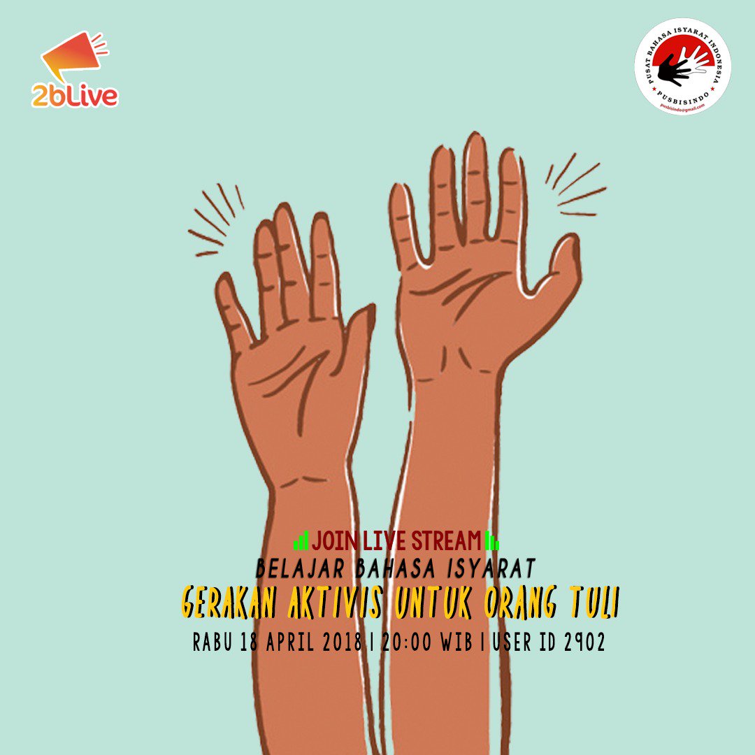 2BLiveID's tweet photo. 2BLivers penasaran bagaimana Aktivis Tuli memperjuangkan hak-haknya ? Dan bagaimana bentuk dukungan pemerintah? Yuk gabung live stream bersama Aktivis Tuli di channel Pusbisindo hari Rabu jam 8 malam hanya di 2BLive. 
#pusbisindo #bahasaisyarat #aktivistuli https://t.co/1Bwh8D38SC