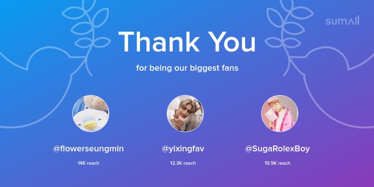 Our biggest fans this week: @flowerseungmin, @yixingfav, @SugaRolexBoy. Thank you! via sumall.com/thankyou?utm_s…