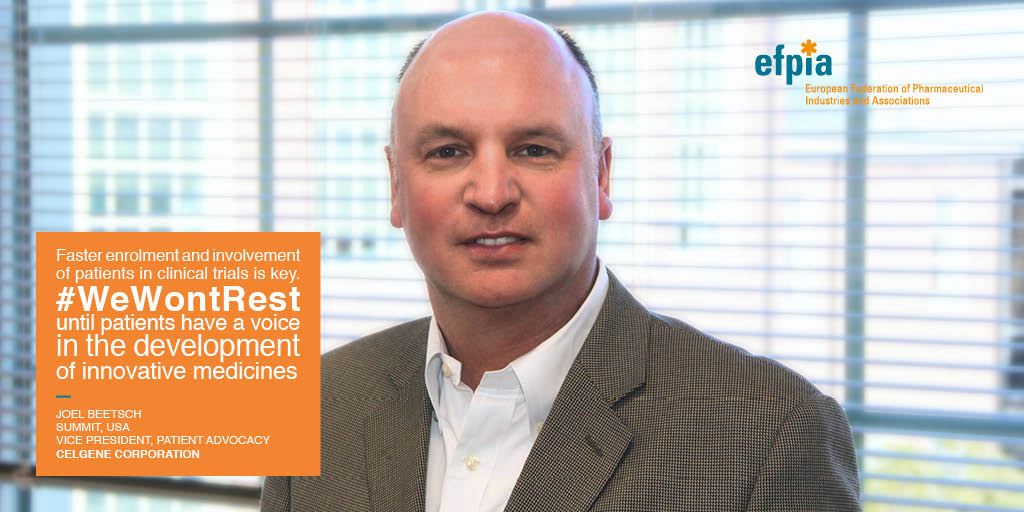 EFPIA's tweet photo. Faster enrolment and involvement of #patients in #clinicaltrials is key. #WeWonRest until patients have a voice in the development of innovative medicines @Celgene https://t.co/frzhQb7Sj6 https://t.co/bBKB0hGUTt