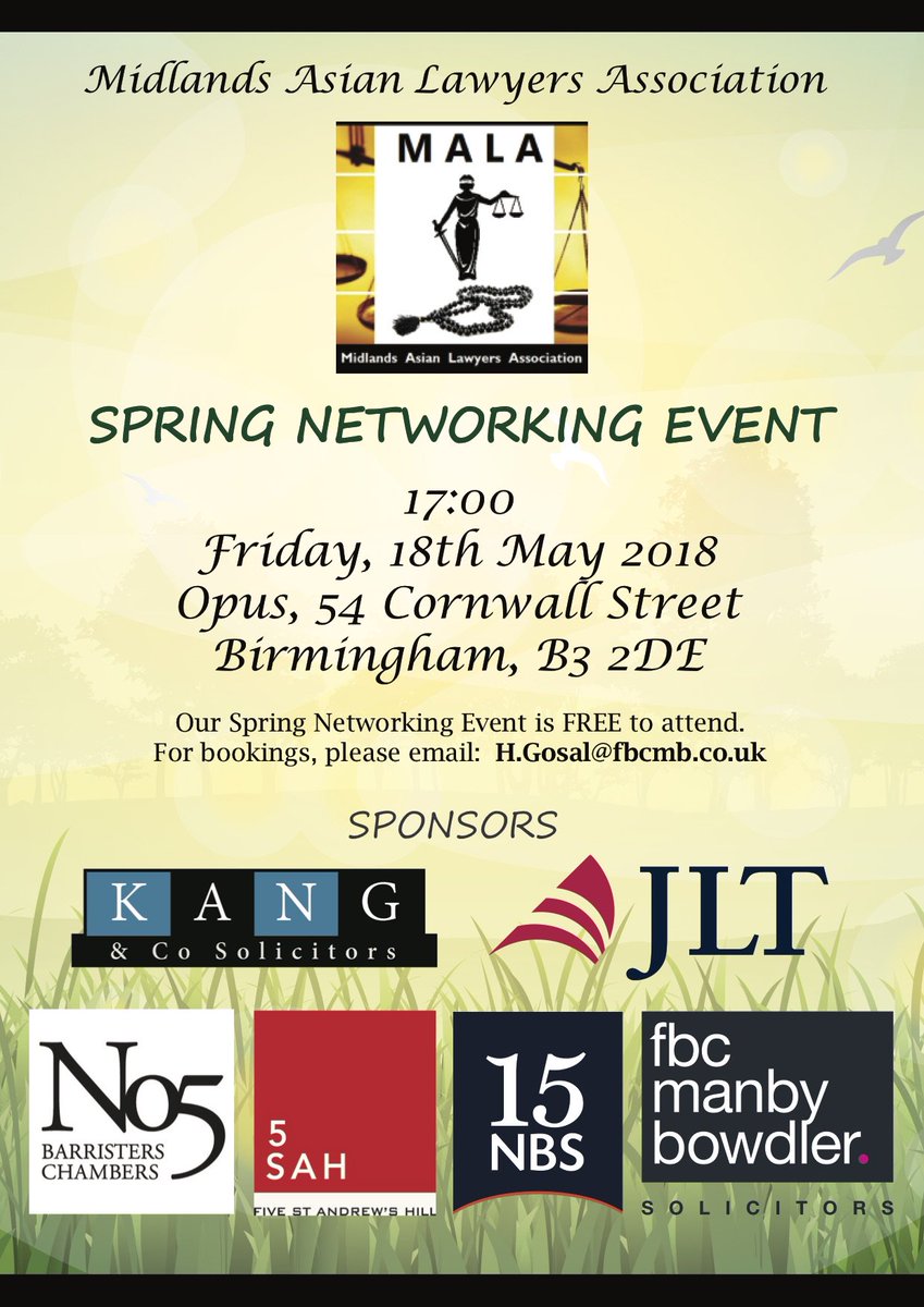 FBCManbyBowdler's tweet photo. We are delighted to be sponsoring the @AsianLawyers #MALA #springnetworking event on 18 May 2018 at 5pm @OpusCornwallSt alongside @No5Chambers @15NBS @JLTGroup @Kangsolicitors @5SAHLaw
Come and join us!
To attend please e-mail H.Gosal@fbcmb.co.uk https://t.co/9EwPNLpYk8