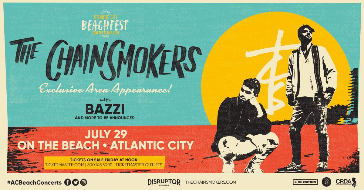 ACBeachConcerts's tweet image. JUST ANNOUNCED: @TheChainsmokers are taking over the AC beach on July 29 with @bazzi  and more to be announced! Tickets on sale this Friday at noon. Get more info at bit.ly/2qBtgAv