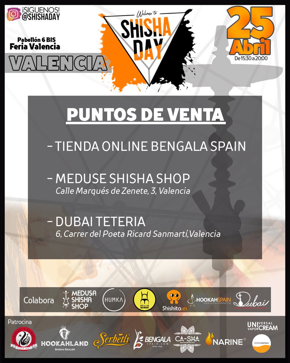 BengalaSpain's tweet photo. 📢📢¡Os confirmamos los puntos de venta para el próximo #ShishaDay! 📢📢
Compra tu entrada al mejor precio por adelantado y no te quedes sin ella para disfrutar del mayor evento cachimbero de España!! 😉
#cachimba #shisha #evento #bengalaspain #shishashop https://t.co/WFttwhT0uu