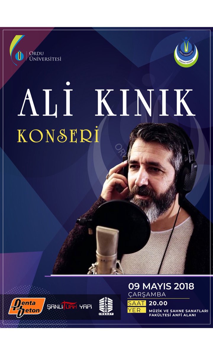 Ordu’nun değerli iş adamlarından,  Şanlıtürk Yapı, Penta Beton, Selçuk İnşaat şirketlerinin sahibi, kıymetli büyüğümüz Naci ŞANLITÜRK Beyfendi’nin destekleriyle, üniversitemizde, öğrenci konseyi tarafından düzenlenen,  açık havada  Ali KINIK konserini gerçekleştireceğiz.