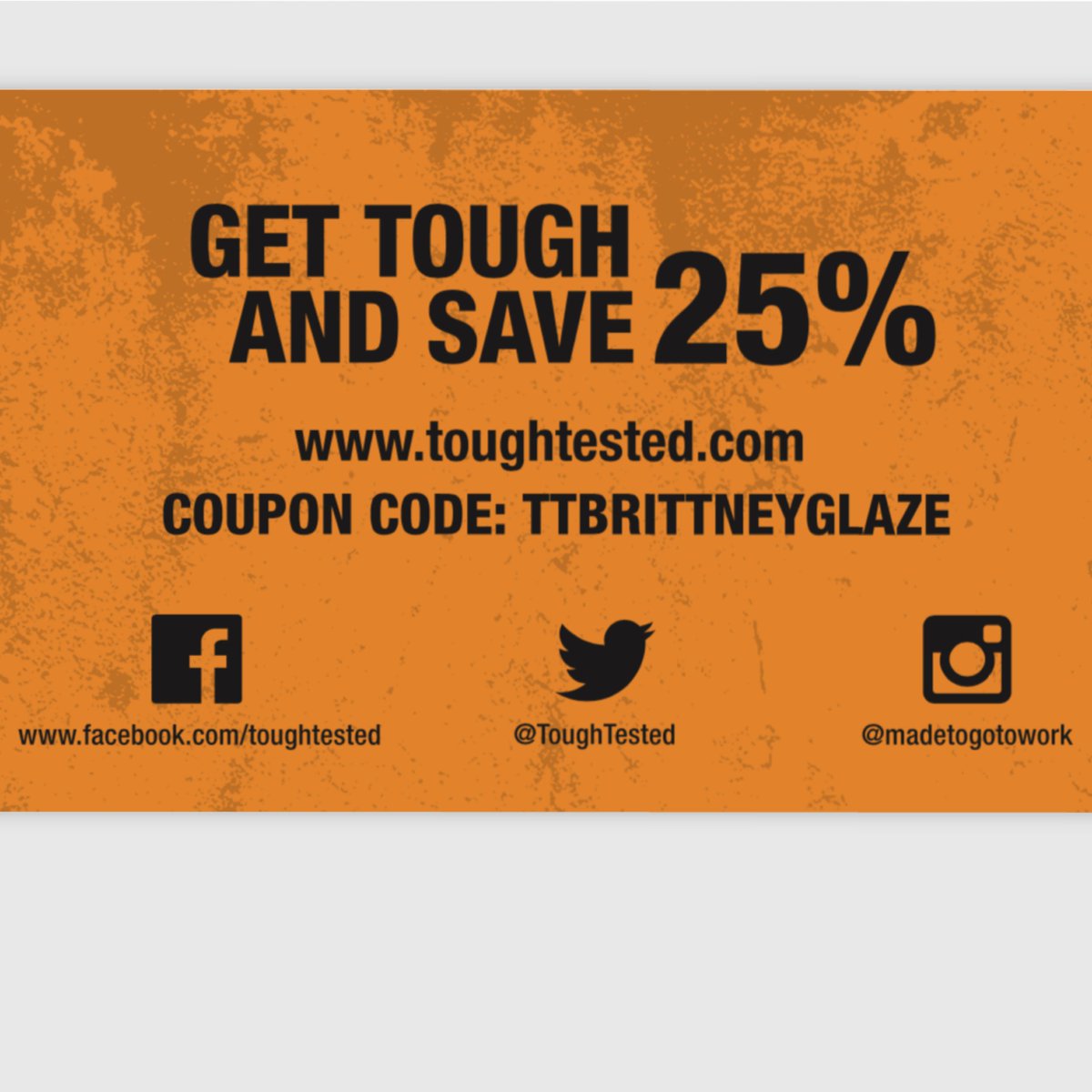 BrittneyGlaze's tweet image. Love ToughTested products?? Or want to try them?? Use my code to save 25%!!! 

#ToughTested #ToughTestedBA #Save #Madetogotowork