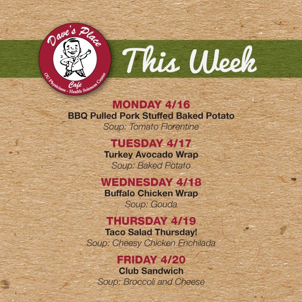OUHSCDining's tweet image. New week, new specials. Stop by the Healthy Hearth and Dave's Place for a great lunch.😀 🍴