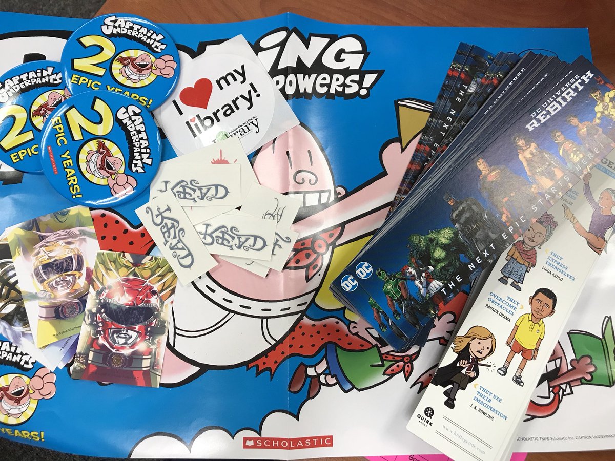 MrsRiddileReads's tweet photo. Finally looking through all my SWAG from #LibraryComicCon! I know the kiddos will love it ๐ค https://t.co/9BL1dYkUWJ