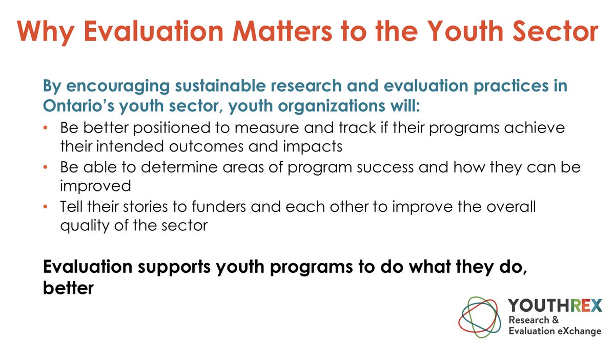 REXforYouth's tweet photo. Why does #evaluation matter to the #ONyouth sector?
A slide from our presentation at @first_work's #AmplifyON conference. Learn more about how evaluation can improve your program at https://t.co/Zr45a9A1gc. https://t.co/BJs2KgBlPO