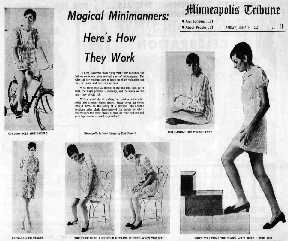 oldnews's tweet photo. June 9, 1967: 'Keep a hand on your hemline and your legs crossed as much as possible' - Minneapolis Tribune's advice on miniskirts and dresses https://t.co/m4oCIDXJHe