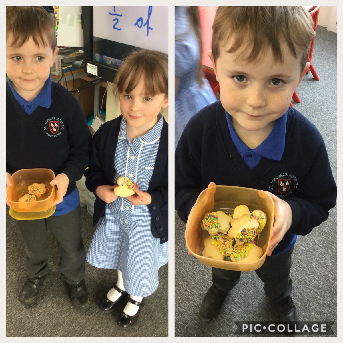 Miss_JonesSTM's tweet photo. Brilliant homework showing halves! One of our year 1 superstars made biscuits and covered half of them. They were super yummy! Fantastic fraction work. 🌟👍🏼☺️ #extralearning #fractionsmadefun https://t.co/X1nTH4Ugkw