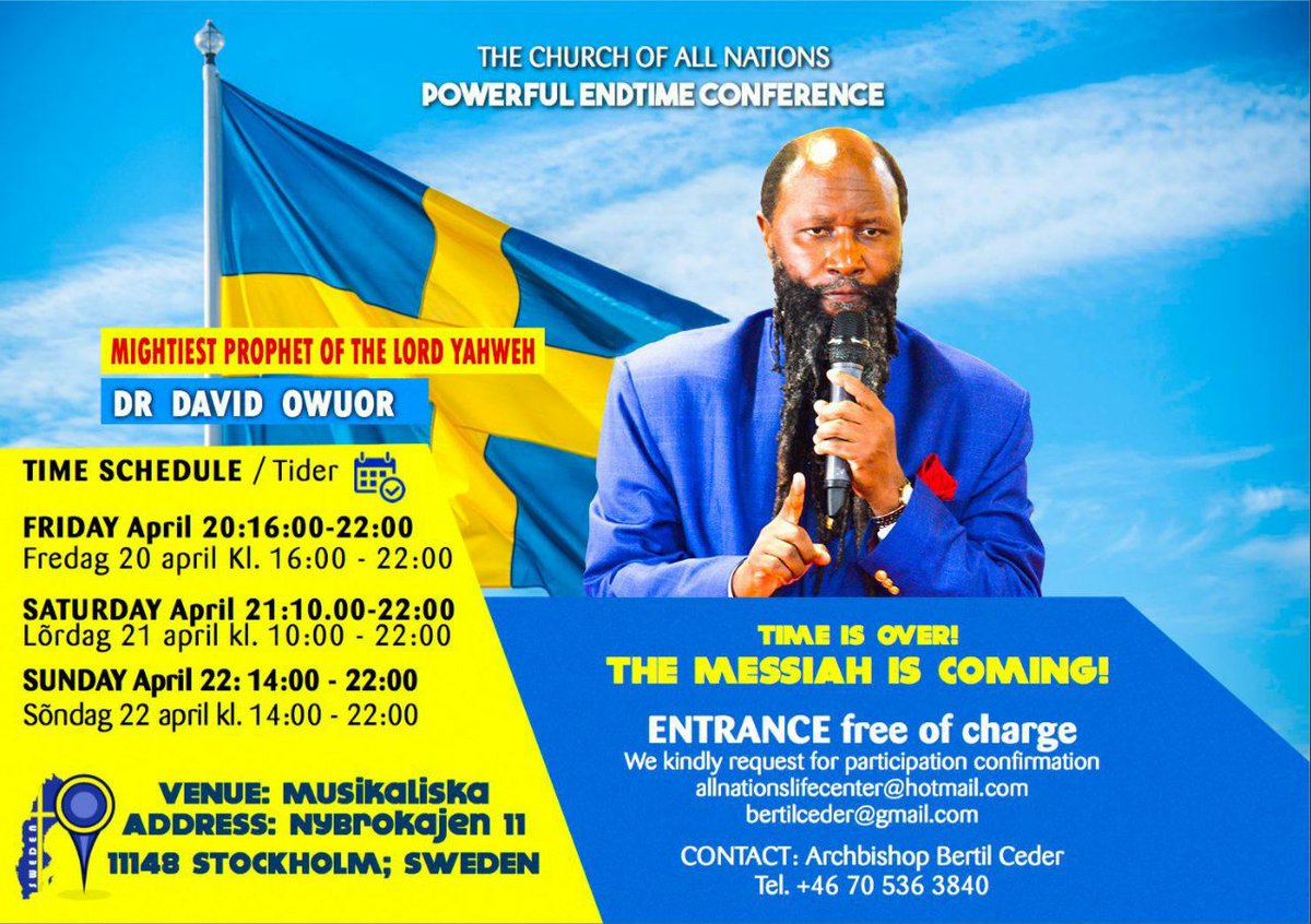 MaryMmboyi's tweet photo. #ProphetDrOwuorInSweden Blessed is the land of Sweden I welcome you @Johnderneborg to the mighty conference of pastors and ministers of the Gospel dates 20th to 22 April. https://t.co/lUOhAsfhNQ