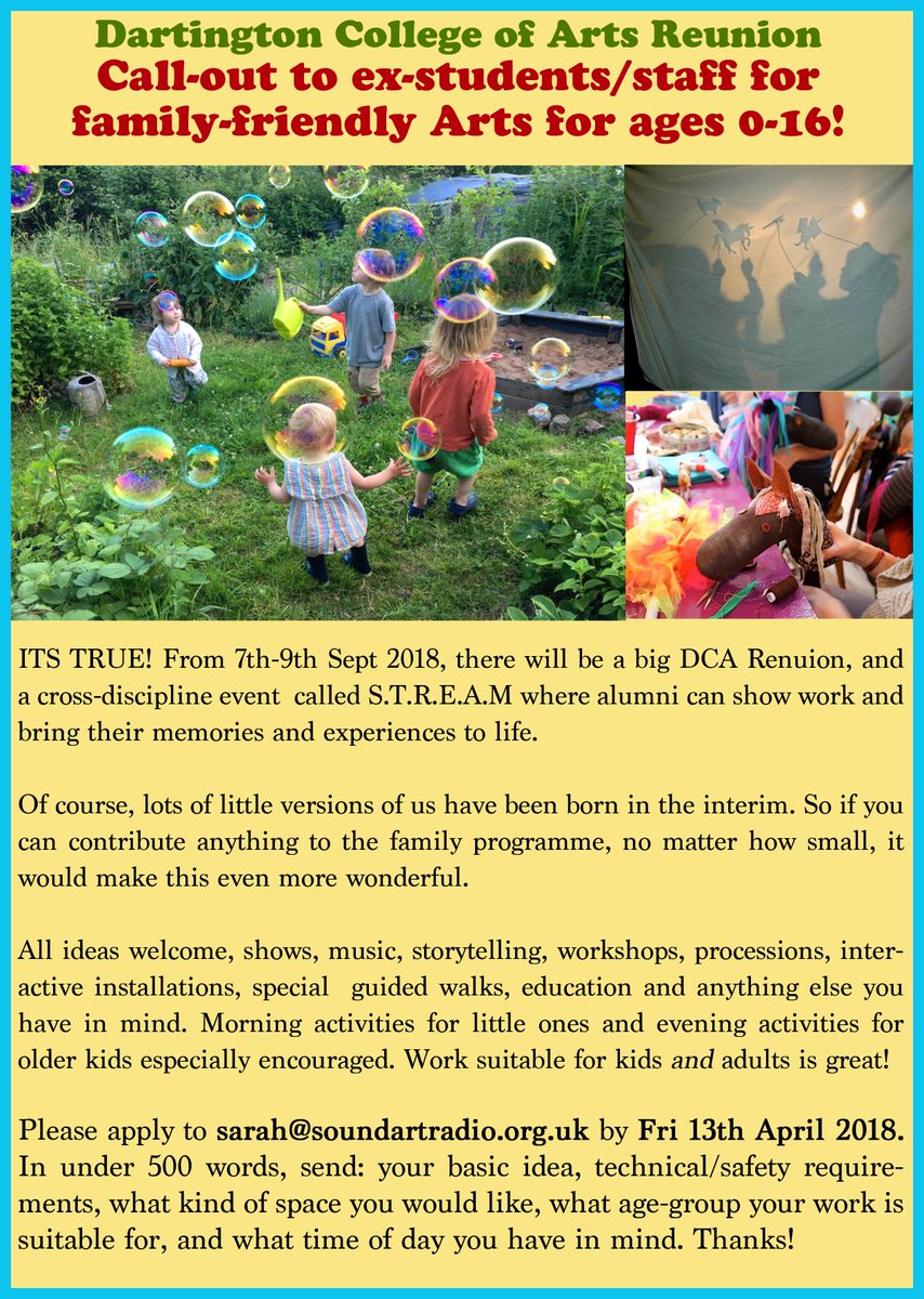 sarahjeangray's tweet photo. Alumni of Dartington? Went to the College? Want to reunite? Are you aware of S.T.R.E.A.M.? We will program a weekend of sharings and performance for alumni to enjoy in September 2018. Deadline extended to end of today, Monday 15 April 2018
#dca #dcastream #dartingtoncollegeofarts https://t.co/YU6GhAbZsH