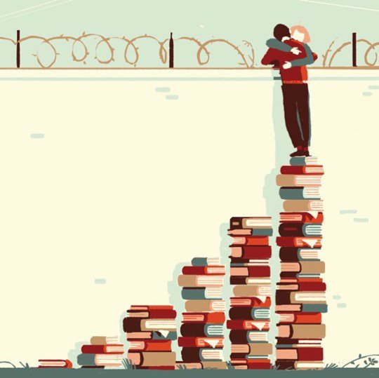 Les #livres et la #littérature plus forts que les murs qui séparent et isolent... 

#Illustration de l'artiste Tom Haugomat.