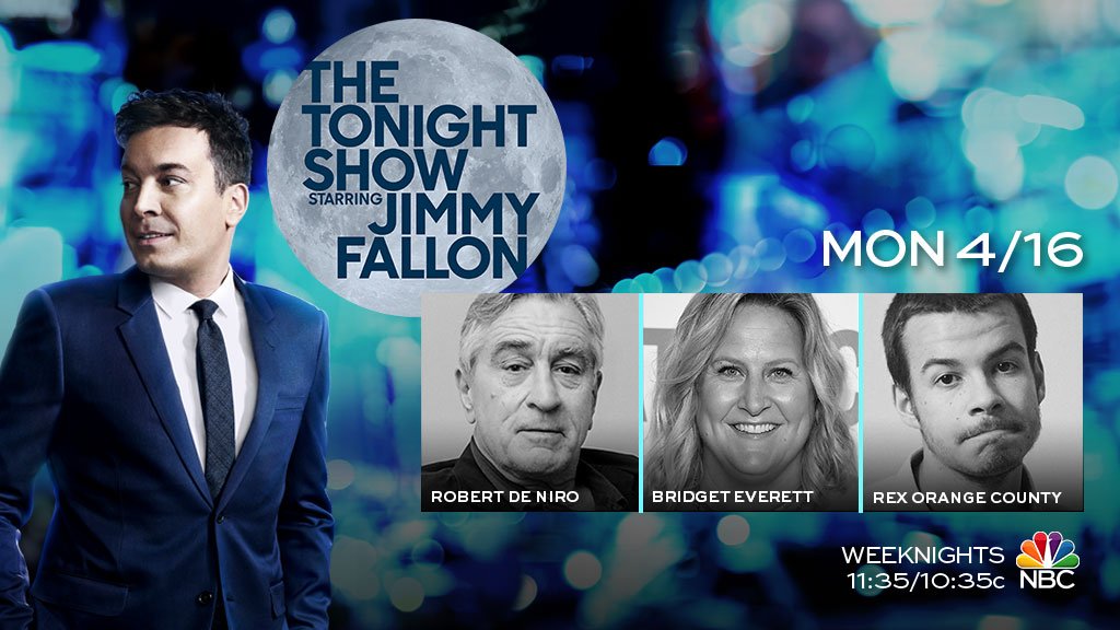 FallonTonight's tweet photo. Tonight on the show: Robert De Niro, @bridgeteverett, and music from @rexorangecounty! #FallonTonight https://t.co/pK8x2p5dNf