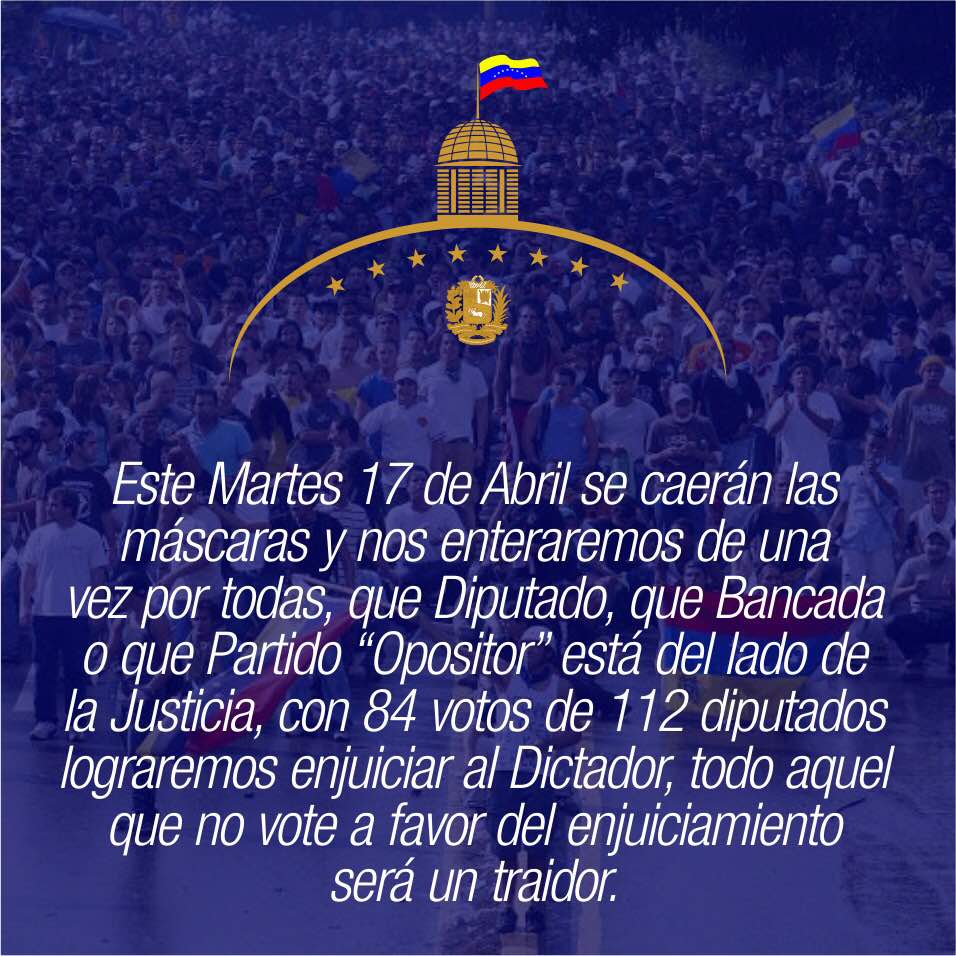 OsielRuiz's tweet photo. MAÑANA, martes 17 de Abril, en la Asamblea Nacional se caerán muchas caretas. Veremos quienes de los diputados de la OPOSICIÓN DEMOCRÁTICA al #NarcoRégimen, estan trabajando para el #GENOCIDA @NicolasMaduro. Solicito VOTACIÓN #UNINOMINAL para pe el ENJUICIAMIENTO del #Satrapa https://t.co/v5VJzEsu0j